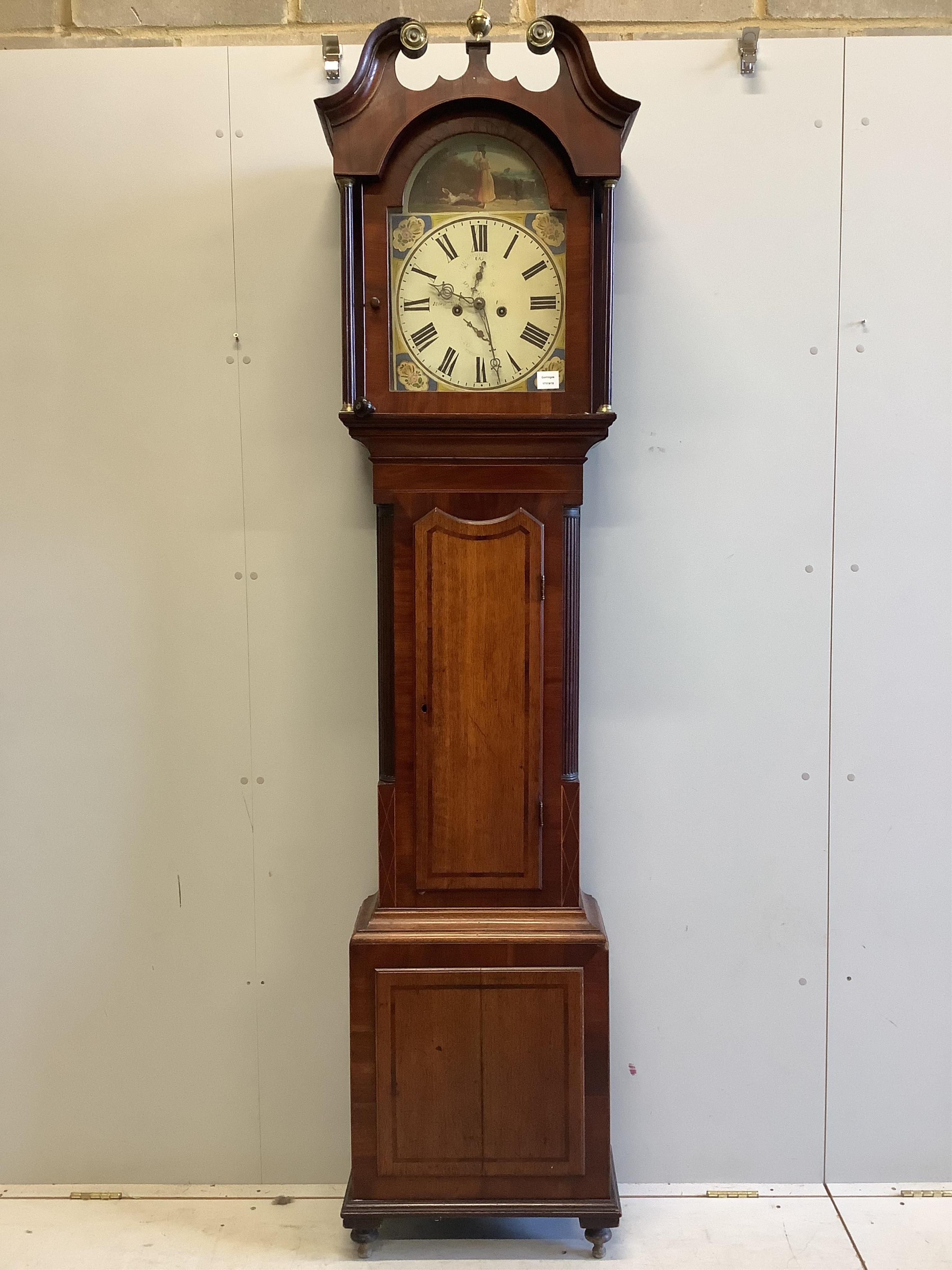 A Victorian banded mahogany and oak eight day longcase clock, height approx. 230cm. Condition - fair